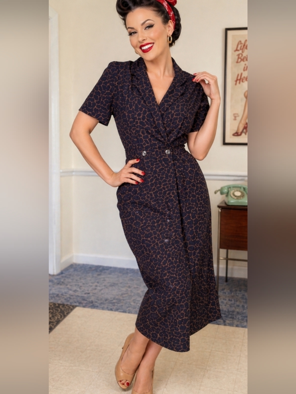 Leopard Animal Print Vintage Pinup Midi Dress Vintage Retro Rockabilly Size 8
